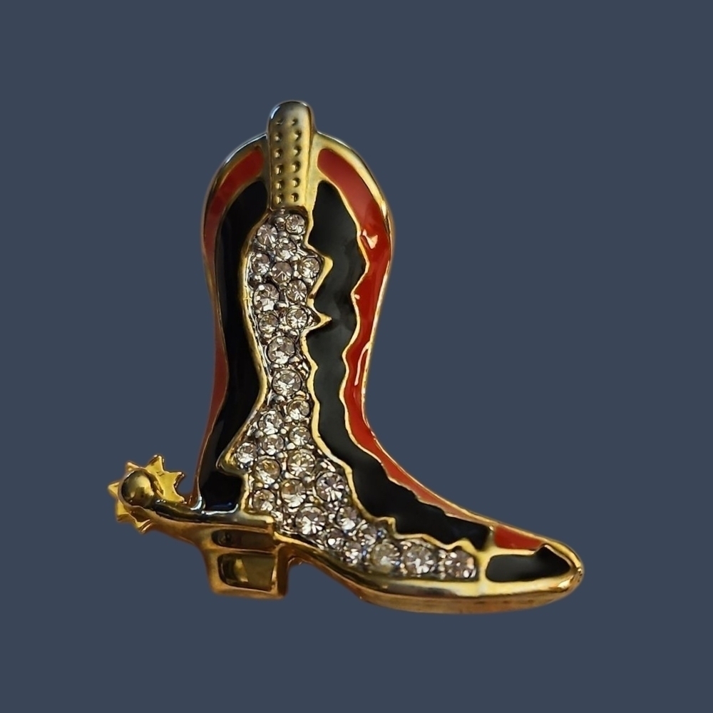 Vintage Western Cowboy Boot with Spurs Crystal Brooch
